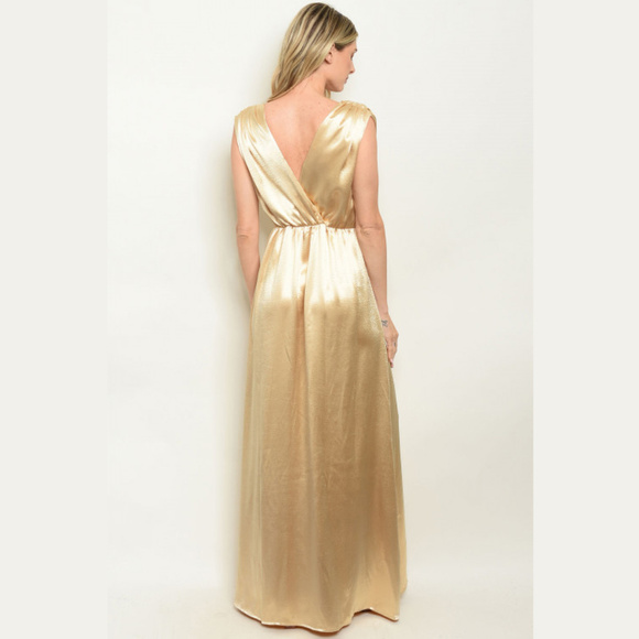 Gold Sleeveless Plunge Neckline Satin Dress S-M-L - Picture 4 of 4